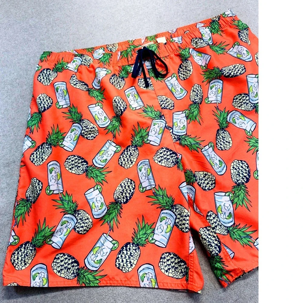 Island Passport 3XL Mens Swim Trunks Pineapple Cocktail Print Mesh Lined Orange